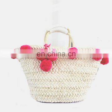Ladies PU Leather Shoulder Straps Cornstalk Straw Beach Bag with Ball Top
