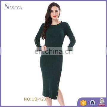 Green Color Pullover Women Side Split Sweater Dresses