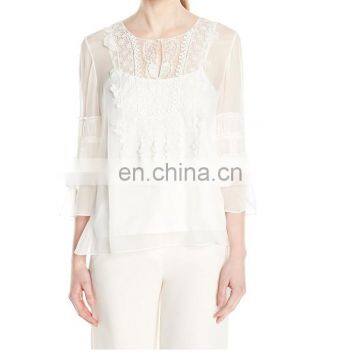 Cheap Fashion High Quality Scoop Neck Chiffon Ladieslong Sleeve Shirt Wholesale photo-2