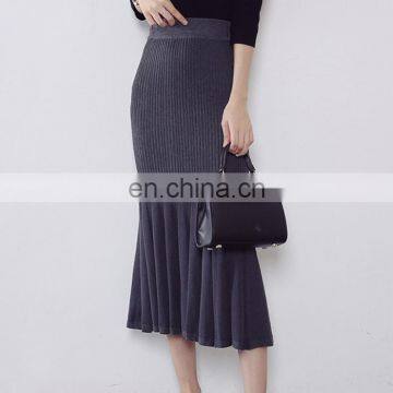 Latest Elastic Waist Belt Mature Women Skirts Grey Long Maxi Skirt