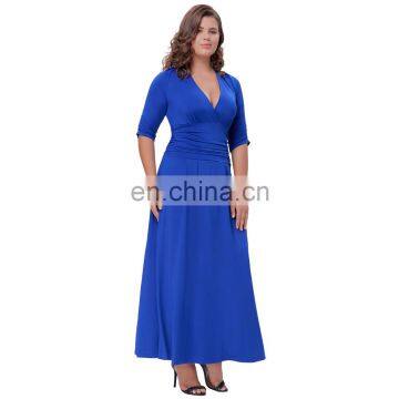 Hanna Nikole Women's Solid Color Plus Size 3/4 Sleeve V-Neck Blue Evening Party Dress HN0023-3 photo-3