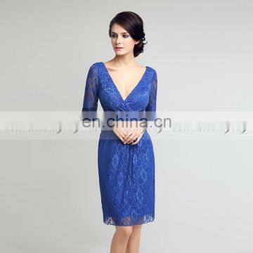 Elegant V Neck 3/4 Sleeve Royal Blue Lace Cocktail Party Dresses Ladies Party Dress photo-4