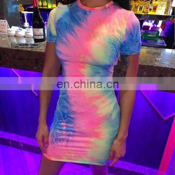 Hot Sales Wholesales Women Tie Dye Casual Dresses Ladies Fashion Tie Dye Short Sleeve Dress Women Summer Dresses photo-4