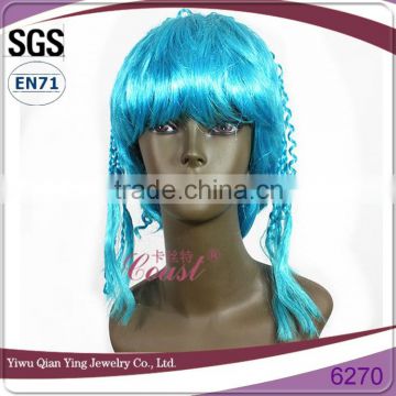 Light blue curly synthetic girls cheap party wig with neat bang