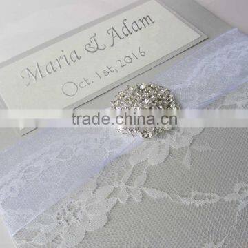 Elegant Brooch Ribbon Card with Printing Words Rustic Lace Wedding Invitation