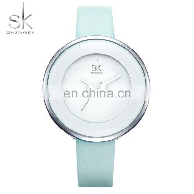 SHENGKE Simple Watch For Ladies Soft Leather Band Special Design Dial Circle Images Dial Quartz Movement Alloy Watch