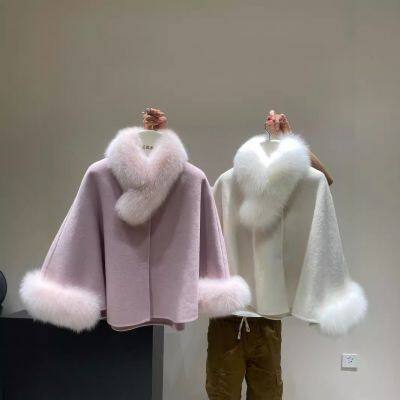 Precious small cape double-sided cashmere coat for women in autumn and winter small wool rich woman fox fur collar coat short