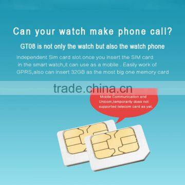 Bluetooth Smart Watch GT08, Android IOS System Compatible Wrist Watch With 2G Phone Call/NFC/Camera, Best Selling Product 2016