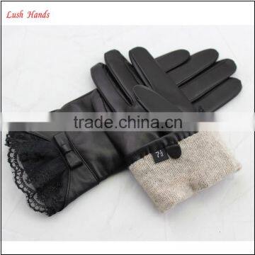 Ladies Wholesale Winter Leather Hand Gloves Black With Lace photo-4