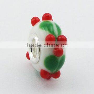White Murano Glass Bead Sweet Red Cherries Green Leafs