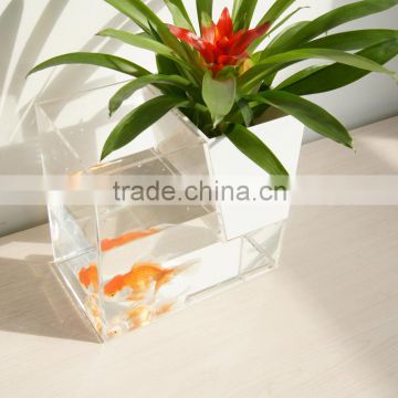 custom wholesale hot sale clear acrylic fish aquarium tank with flowerpot,small desktop acrylic fishbowl/flower vase