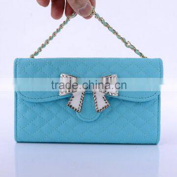 Wallet Design Bright Grid Handbag Magnetic Flip PC PU Leather Case for Samsung Galaxy S6 With Rhinestone Bowknot Buckle
