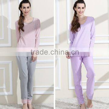 Cotton Pyjamas Ladies Classic Stripe Women Cotton Pajamas Set Round Neck Plus Size Sleepwear Suit