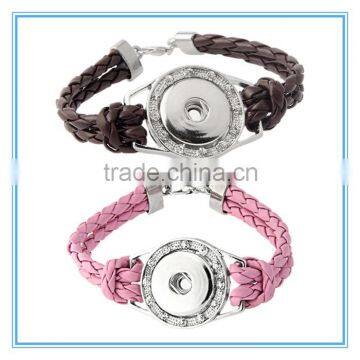 Braided Leather Snap Charm Bracelet Stainless Steel