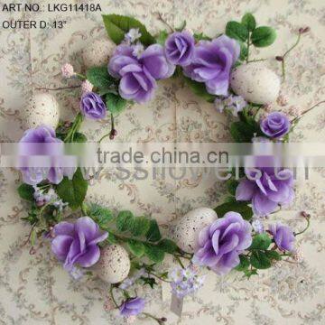 2014 Hot Sale 13" Artificial Polyster Rose with Eggs Easter Wreath