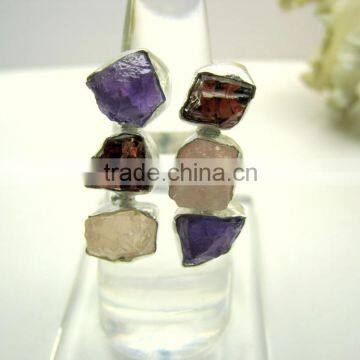 Amethyst Rose Quartz & Garnet Natural Gemstone Rough Ring, 925 Solid Sterling Silver Ring, Designer Raw Adjustable Ring