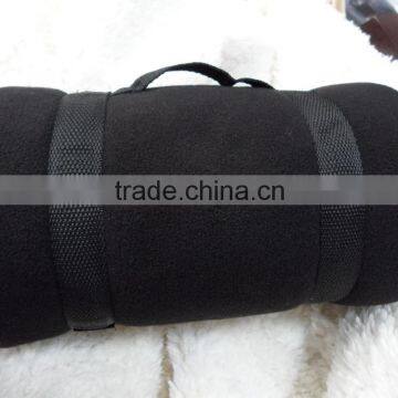 black polar fleece travel blanket with antipilling nylon handle