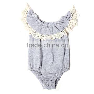 Wholesale solid gray baby clothes with cream lace ruffle baby romper