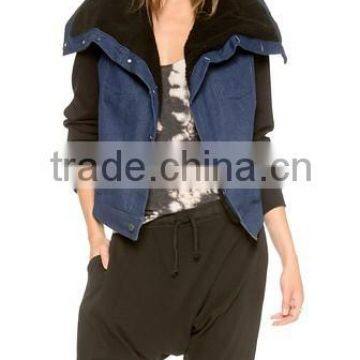 oversized collar denim jacket with terry jersey sleeve