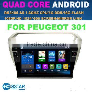 Hot selling quad core android car dvd radio stereo mp3 player for Peugeot 301 with bt 3g wifi atv multi-touch screen