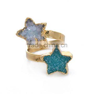 50pcs White and Green Two Raw Stone Ring Five-Star Points Two Gemstone Ring Adjustable Ring Wholesale