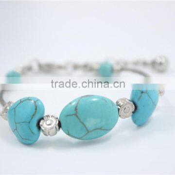 Turquoise Stone Heart Bracelet with Silver Flower For Women Jewelry 2016 Fashion style