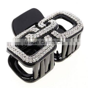 Fashion Good Quality Solid Square Headwear Jewelry Double Square Rhinestone Solid Black Plastic Hairpin Claw Ornaments For Women