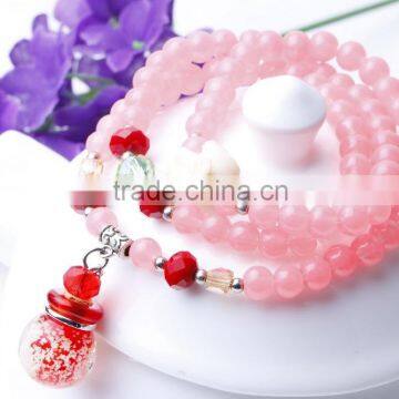 Lucky Beads Bracelet, Pink Glass Bead Stretch Bracelet Glow Mini Essential Oil Glass Bottle