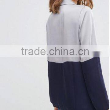 2016 New Arrival Contrast Color Patchwork High Quality Satin Pajamas Blouses Women