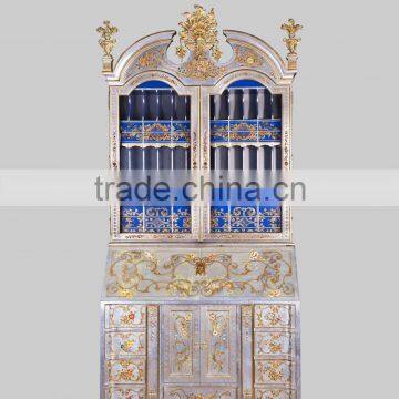 Gold Gilding Wooden Curio Cabinets With Flowers Paint Motif, Hand Painted Red Chinoiserie Secretary Cabinet With Drop Front Desk photo-4