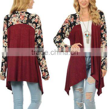 OEM Wholesale Women Fashion Long Sleeve Wine Black Floral Open Cardigan Sweaters