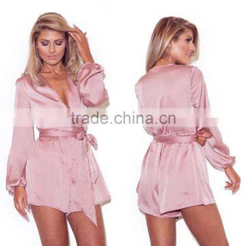 summer pajamas Women Long Sleeve V Neckline Wrap Belt Hidden Zipper Pink Satin Romper