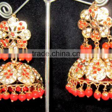 JADAU GOLD PLATED Dangler ORANGE BEADS JHUMKA TEMPLE EARRINGS Real Look photo-4