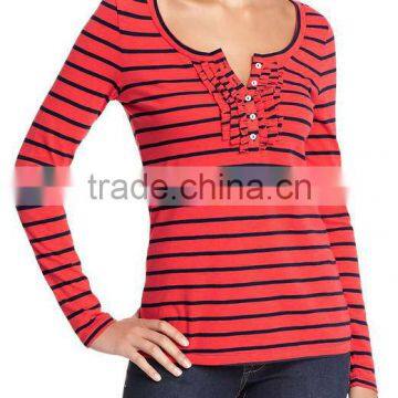 Womens Striped Long Sleeve t Shirt With Ruffled Placket photo-1