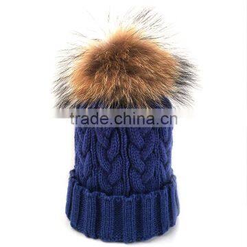 Myfur Raccoon Fur Ball Top Knit Hat for Unisex Adult Beanie Hat Wholesale