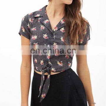 CHEFON Dotted floral tie front summer empire waist blouses for ladies