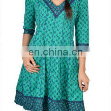 Green colored Anarkali kurta charming floral print 100% cotton fabric 3/4 sleeve