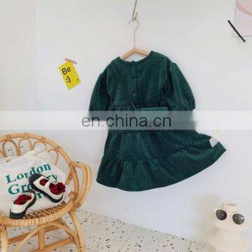 Send a Small Bag! 2020 Korean Children's Clothing Autumn and Winter Middle and Small Girls Dress Composite Dark Green Corduroy