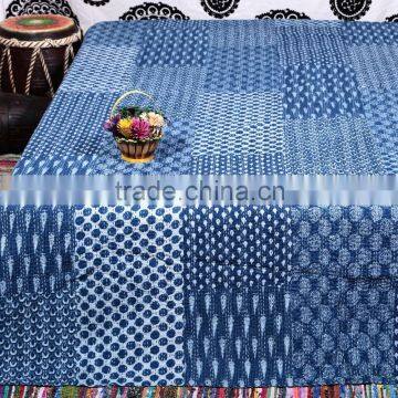 Printed Patchwork Kantha Quilt Handmade Cotton Bedspread Indigo Blue Kantha Embroidered Quilt