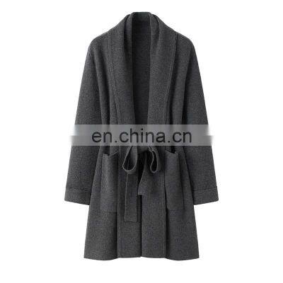 100% Knitted Mid-Length Cashmere Sweater Cardigan Inner Mongolia Plus Size Coats Front Logo Solid Pattern Winter Season Pocket