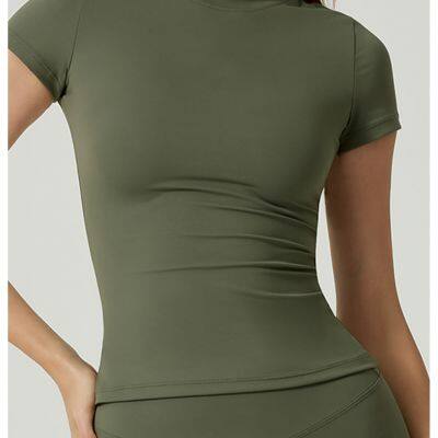 Оптовая йога: короткорукавный топ с круглым воротником, тонкий крой, быстрый просыхание, воздухопроницаемый йога-комбинезон, упрочняющий эластичный спортивный топ