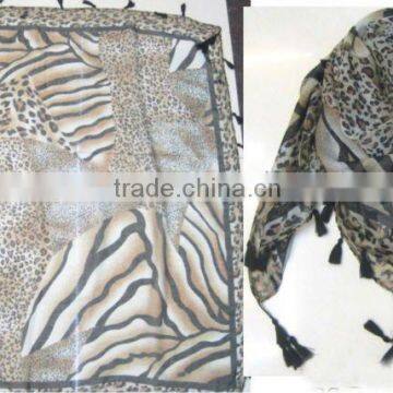 Square Scarf With Pompom Tassel Zebra Printed Scarf