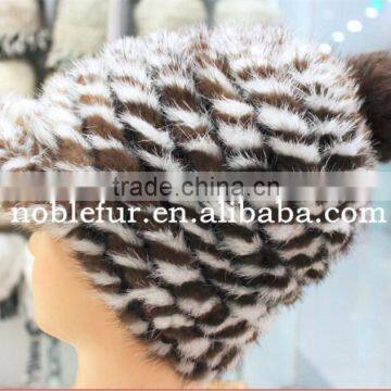 high quality fancy mink fur and fox fur ball/pretty knitted headwear with pompom