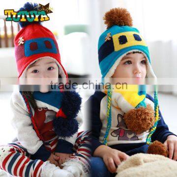 Wholesale Little Bear Sewed Glass Pattern Knitted Kids Boys Girls Winter Hat Scarf Set