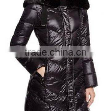 Women Nylon Quilted Hooded Button-detachable Faux Fur Trim Long Coat