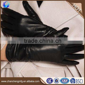 Plain style ladies long black sheepskin leather hand gloves touch screen