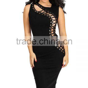 Black Sexy Casual Hollow Out Seductively Laced up Bodycon Tight Dress LC22594