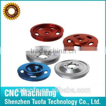 Custom machined aluminum crank pulley with sandblast anodizing