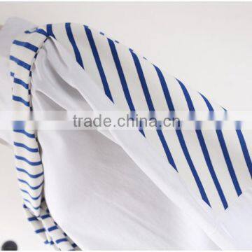 2016 Ladies New Design Fashion Top Blue White Striped Patchwork Knit Tie Neck Poplin Long Sleeve Latest Shirt Designs For Women