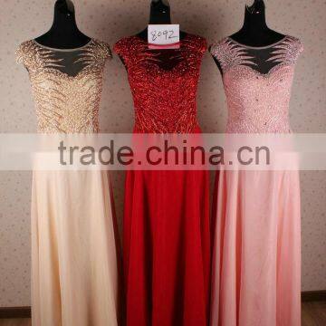 Exquisite Beaded Sexy Embroidered Backless Pleated Cap Sleeveless Evening Gown Formal Dress Patterns for Girls